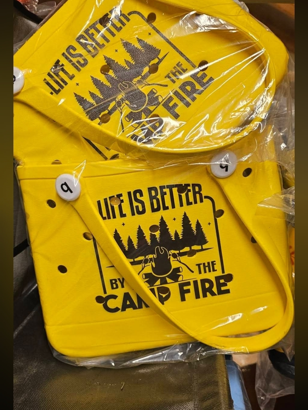 Yellow 'Life Is Better By The Campfire' Bogg Like Bag Small